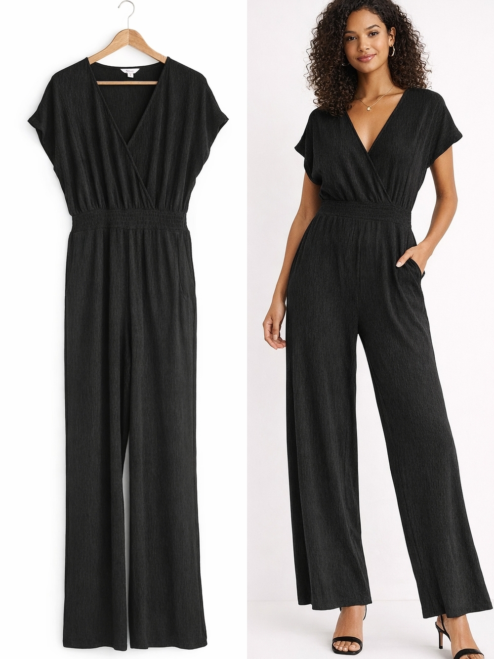 Reitmans Black Pleated Wide-Leg Jumpsuit V-Neck Elastic Waist Size M